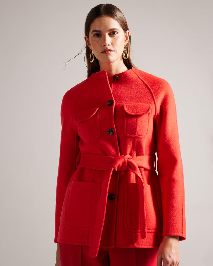 Manteau Ted Baker Round Neck Short With Waist Belt Rouge Femme | OKM-89707078